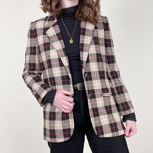 Vintage Linen Plaid Oversized Blazer Jacket Pea Coat Preppy Academia Old Money